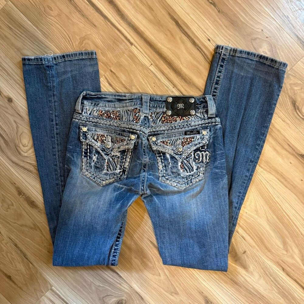 Miss Me Womens Blue Signature Low Rise Rhinestone Denim Bootcut Jeans Size 27